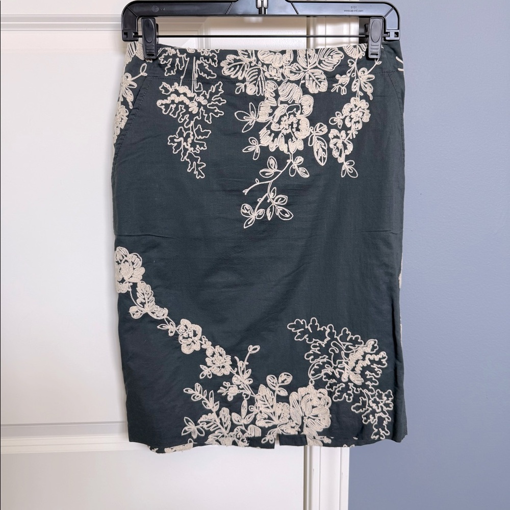 J. Crew Embroidered Gray and Cream Pencil Skirt